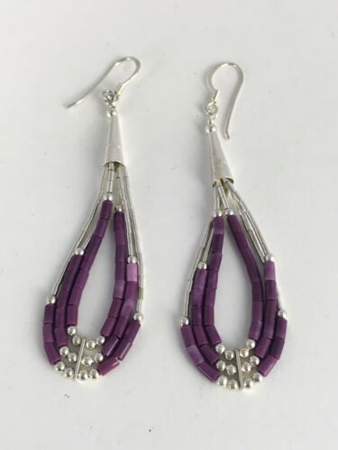 Native American Sugilite Heishi Tube Dangle Earrings | Sterling Silver | 2" | 8874