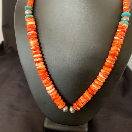 Navajo Pearls Sterling Necklace | Red Spiny Oyster & Turquoise Pendant | 24" | 11327