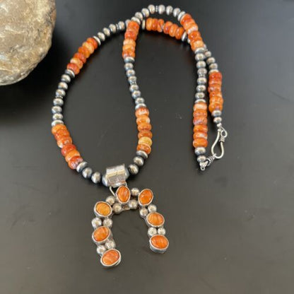 Navajo Pearls Sterling Silver Necklace | Orange Spiny Oyster Naja Pendant | 11346