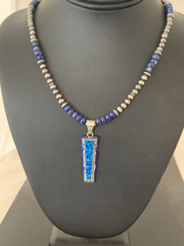 Navajo Purple Opal Lapis Necklace Pendant Set | Sterling Silver Inlay | Authentic Native American Handmade | 00594