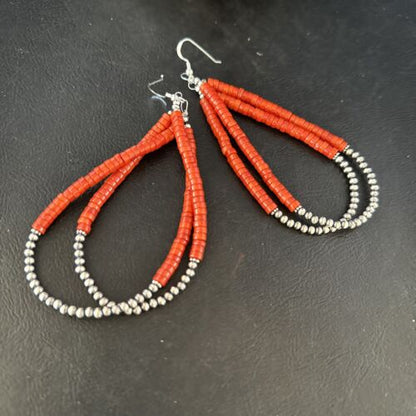 Southwestern Coral Heishi Bead Earrings | Sterling Silver | 3.5" | 14425