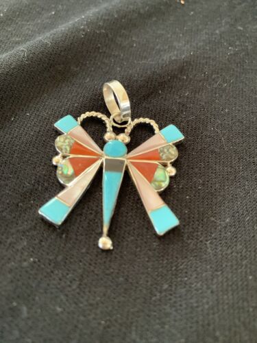 Zuni Turquoise Spiny Oyster Mother of Pearl Butterfly Necklace Inlay Pin Pendant | Sterling Silver | 1366