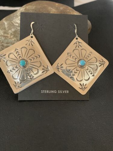 Navajo Turquoise Stamped Earrings | Sterling Silver | Authentic Native American Handmade | 1205