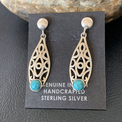 Navajo Blue Turquoise Dangle Post Earrings | Sterling Silver | 1" | Authentic Native American Handmade | 12744