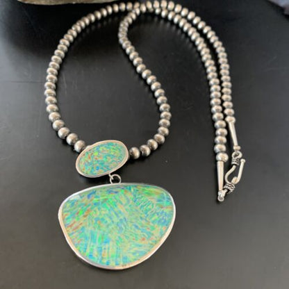 Navajo Blue Gilson Opal Inlay Pendant Necklace | Authentic Native American Sterling Silver | Multi-Stone | 11457 - Masha USA