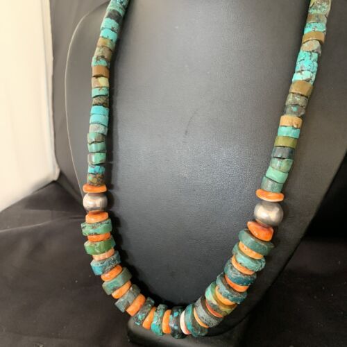 Men's XL Turquoise Heishi & Spiny Oyster Bead Necklace | Sterling Silver | 23" | Authentic Native American | 13977