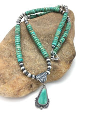 Navajo Green Turquoise Pendant Necklace | Sterling Silver | Authentic Native American Handmade | 2646