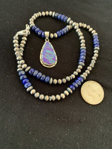 Southwestern Navajo Purple Opal Lapis Pendant Necklace | Sterling Silver | Authentic Native American Handmade | 00592