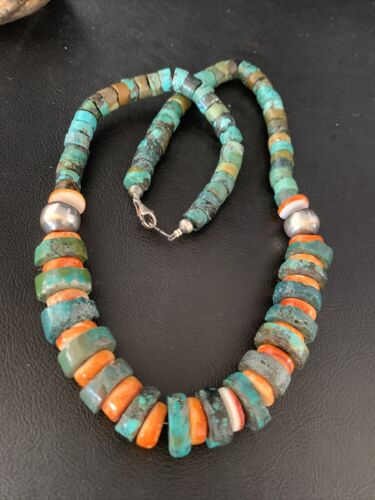 Men's XL Turquoise Heishi & Spiny Oyster Bead Necklace | Sterling Silver | 23" | Authentic Native American | 13977