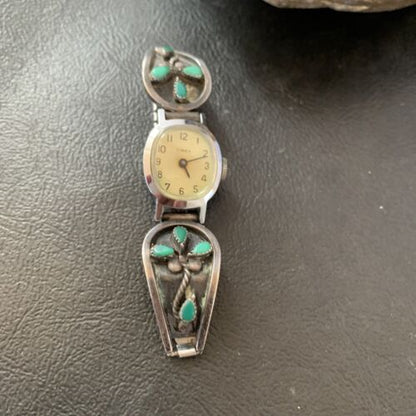 Authentic Navajo Sterling Silver Watch Tips | Old Pawn Blue Turquoise Band | Native American Jewelry | 1636