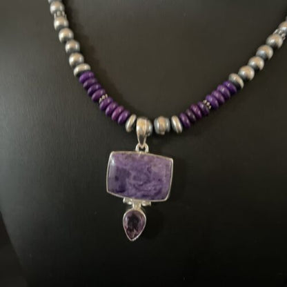Navajo Pearls Necklace with Purple Sugilite Pendant | Sterling Silver | Multi-Stone | 11333