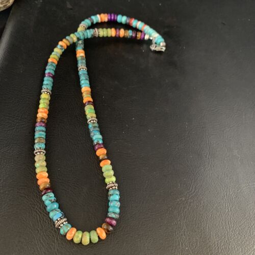 Navajo Blue Turquoise & Orange Spiny Oyster Necklace | Sterling Silver | 18" | 13434