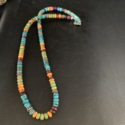 Navajo Blue Turquoise & Orange Spiny Oyster Necklace | Sterling Silver | 18" | 13434