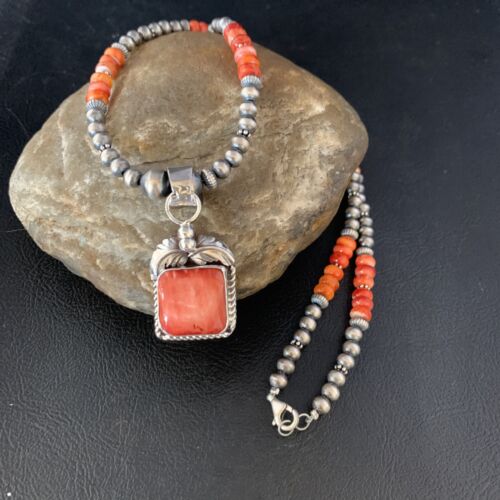 Navajo Red Spiny Oyster Pendant Necklace | Sterling Silver | 20" | Authentic Native American Handmade | 13653