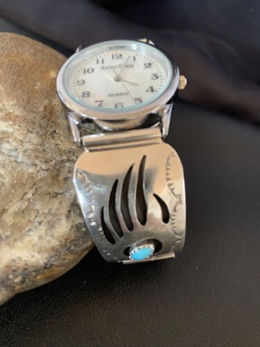 Men's Navajo Bear Paw Watch Tips | Sterling Silver & Blue Turquoise Band | Authentic Native American Jewelry | 11575