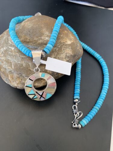 Blue Turquoise & Mother of Pearl Inlay Pendant | Sterling Silver Necklace | Navajo | 8904 - Masha USA