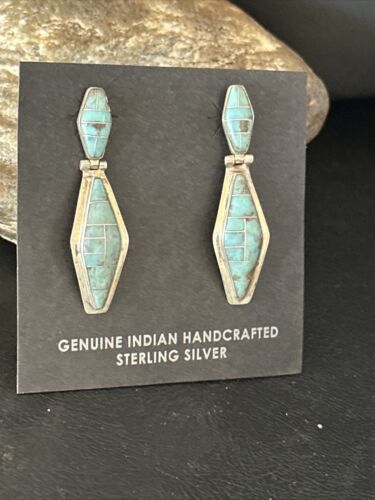Navajo Blue Turquoise Inlay Earrings | Sterling Silver | 1" | Authentic Native American Handmade | 14775