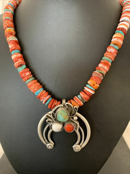 Navajo Pearls Sterling Silver Necklace | Red Spiny Oyster & Turquoise Naja Pendant | Authentic Native American Handmade
