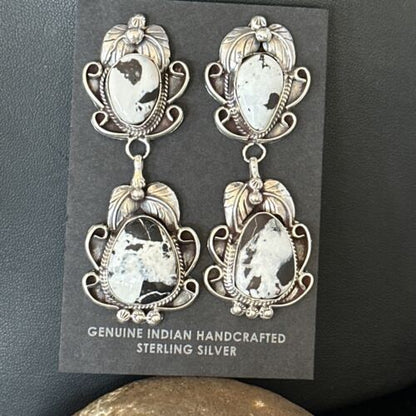 Navajo White Buffalo Turquoise Dangle Earrings | Sterling Silver | 2.5" | Authentic Native American Handmade | 14738
