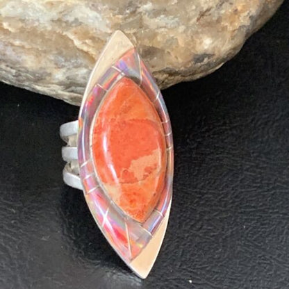 Navajo Red Spiny Oyster Opal Inlay Ring | Sterling Silver | Sz 6 | Authentic Native American Handmade | 12842