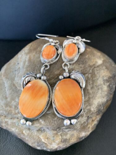 Navajo Orange Spiny Oyster Dangle Earrings | Sterling Silver | Authentic Native American Handmade | 12200 - Masha USA