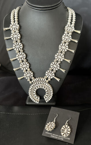Navajo Dual Side Blue White Buffalo Turquoise Squash Blossom Necklace | Sterling Silver | 14457 - Masha USA