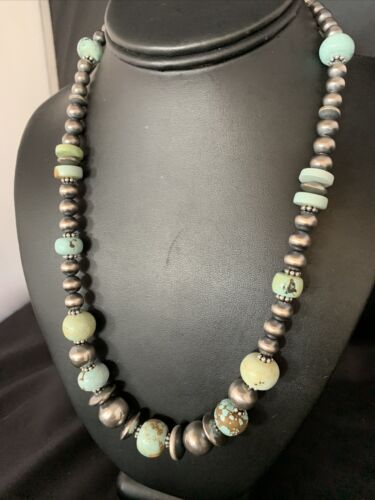 Dry Creek Turquoise Navajo Pearls Beaded Necklace | Sterling Silver | 21" | Authentic Native American Handmade | 14101 - Masha USA