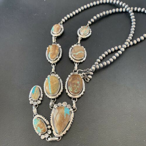 Navajo Men's Lariat Necklace | Boulder Turquoise | Sterling Silver | Native American Handmade | 2222