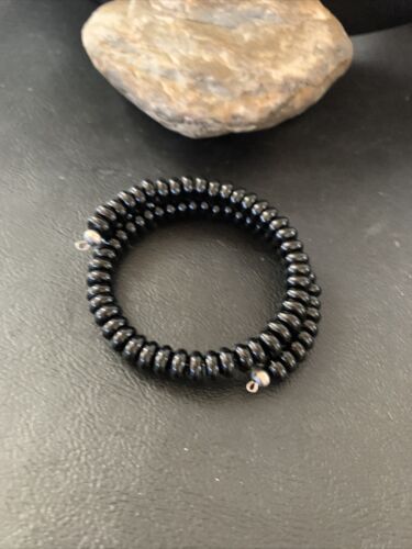 Memory Wire Stainless Steel Black Onyx Bead Bracelet | Sterling Silver | Native American Handmade | 01958