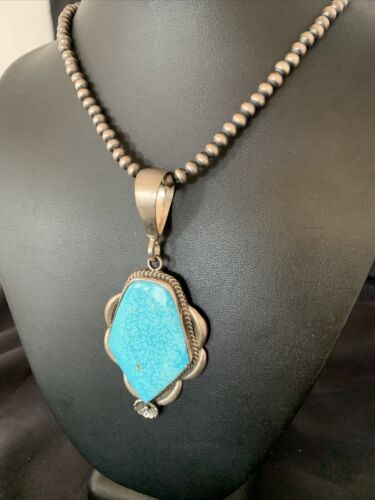 Men's Navajo Pearls Necklace with Blue Kingman Turquoise Pendant | Sterling Silver | Native American | 13255