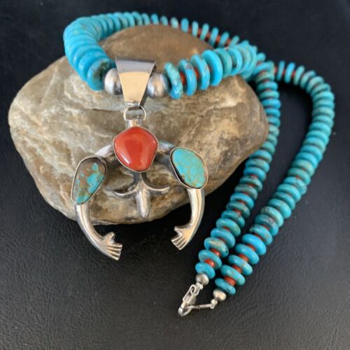 Navajo Sterling Silver Necklace with Blue Turquoise & Coral Naja Pendant | 13746