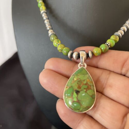 Women's Navajo Pearl Necklace with Green Mojave Turquoise Pendant | Sterling Silver | Native American Handmade | 10581