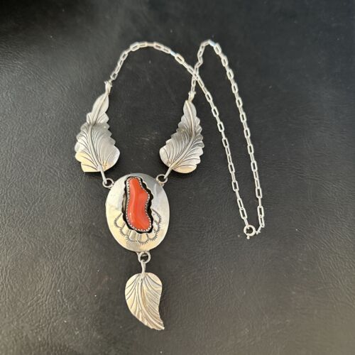 Navajo Red Coral Pendant Necklace | Sterling Silver | Authentic Native American Handmade | 18" | 14481