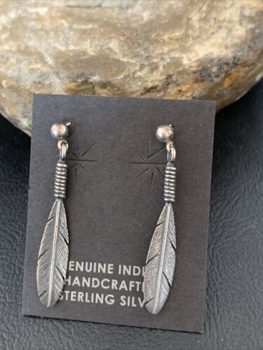Old Pawn Southwestern Sterling Silver Dangle Feather Earrings | 1" | 12989