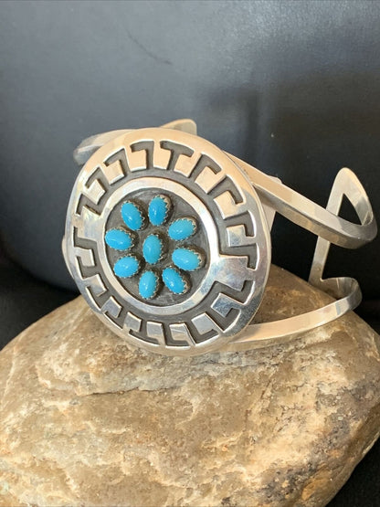 Men's Cluster Navajo Blue Kingman Turquoise Cuff Bracelet | Sterling Silver | Authentic Native American Handmade | 1652