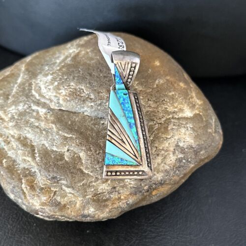 Navajo Sterling Silver Blue Opal Inlay Pendant | Authentic Native American Jewelry | 12351