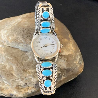 Navajo Sterling Silver Watch Tips | Blue Kingman Turquoise Band | Authentic Native American Jewelry | 11640