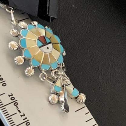 Zuni Sun Face Kingman Turquoise & Yellow Mother of Pearl Dangle Earrings | Sterling Silver | 12126