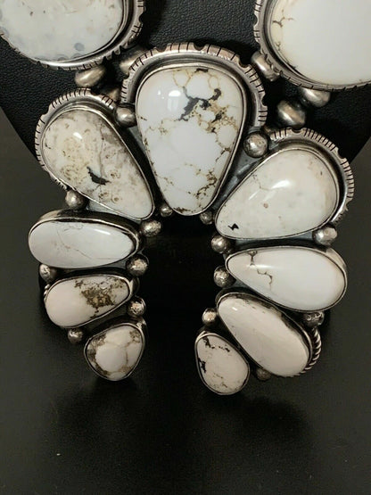 Navajo White Buffalo Turquoise Naja Pendant | Sterling Silver Squash Blossom Necklace | 21" | 00629 - Masha USA