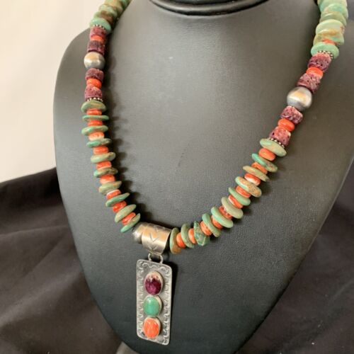 Navajo Royston Turquoise & Red Spiny Oyster Necklace Pendant | Authentic Native American Sterling Silver | Multi-Stone | 11761