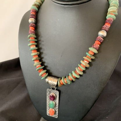 Navajo Royston Turquoise & Red Spiny Oyster Necklace Pendant | Authentic Native American Sterling Silver | Multi-Stone | 11761