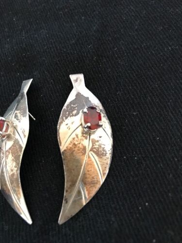 Handmade Feather Garnet Earrings | Old Pawn Sterling Silver | 2" | 13064