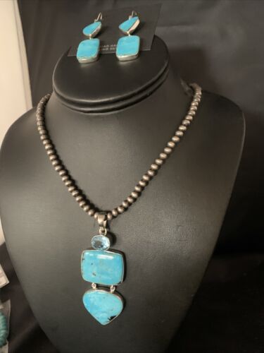Navajo Blue Topaz Turquoise Necklace Earrings Set | Sterling Silver | 3" Pendant | Authentic Native American Handmade | 14098