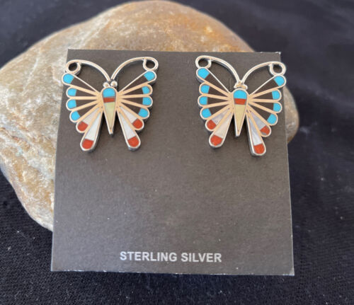 Native American Zuni Sterling Silver Inlay Earrings | Turquoise Coral Mother of Pearl | 1085