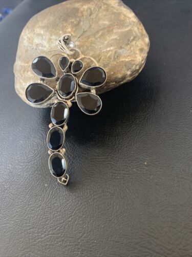 Navajo Dragonfly Pendant | Faceted Black Onyx Gems Cluster | Authentic Native American Sterling Silver | Multi-Stone | 3" | 12739