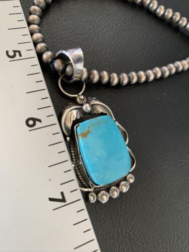 Men's Navajo Pearls Sterling Silver Necklace | Blue Kingman Turquoise Pendant | 12967