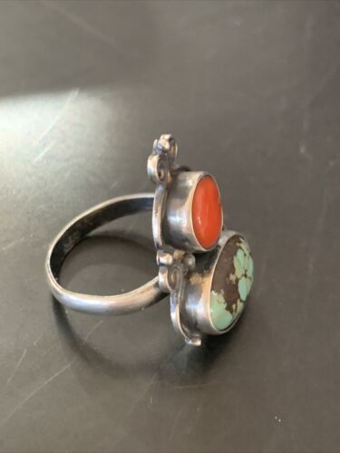 Native American Navajo Multi-Stone Ring | Blue Turquoise & Coral | Sterling Silver | Sz 7 | 11522