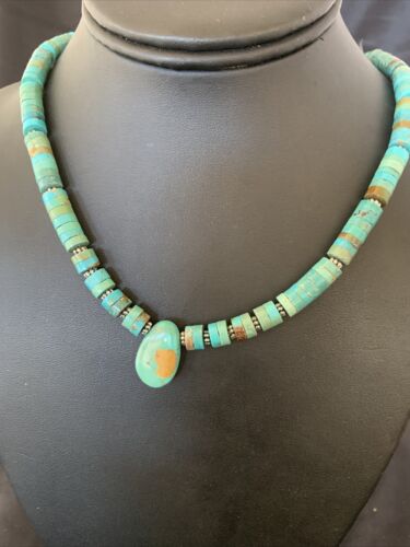 Navajo Green Turquoise Heishi Necklace | Sterling Silver | 22" | Authentic Native American Handmade | 11814