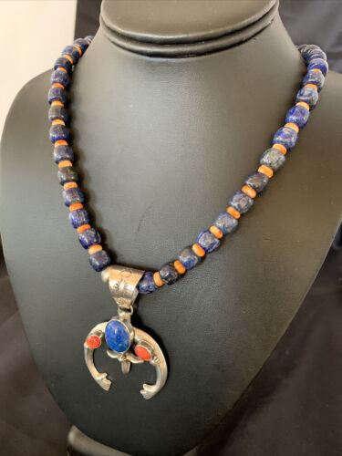 Navajo Blue Lapis Spiny Oyster Naja Pendant | Sterling Silver | Authentic Native American Handmade | 11494