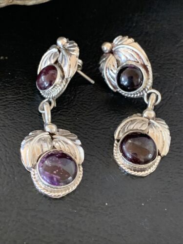 Navajo Purple Sugilite Post Dangle Earrings | Sterling Silver | Authentic Native American Handmade | 1594